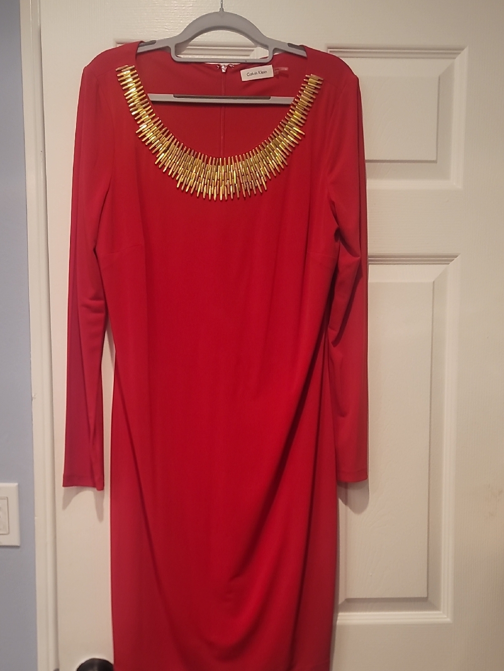 Calvin Klein Red Long-Sleeve Midi Dress with Gold Neck Detail